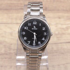 BUREI Watch Mens Silver Stainless Steel Classic Silver Tone Big Black Face DIal